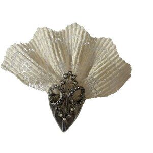 Vintage Victorian Silver-Tone Brooch Pearls Rhinestones On Cream Lace Pinback